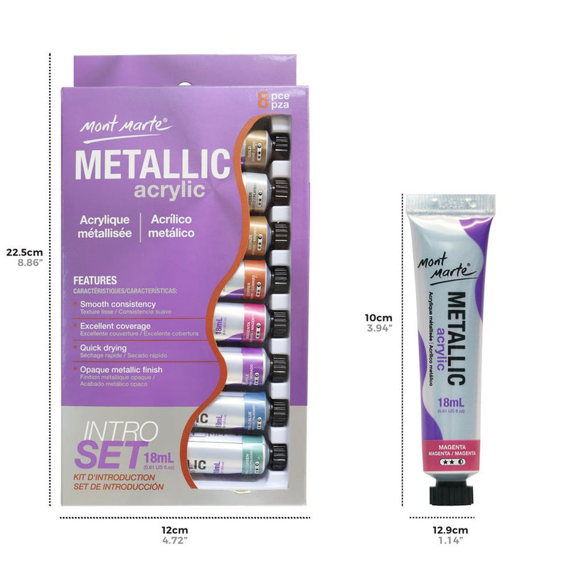 Mont Marte Metallic Acrylic Paint Set 8 Piece x 18 ml Tubes, Lightfast Colors with Smooth Consistency and Opaque Metallic Finish. 8 mixed colors 0.6 Fl Oz (Pack of 8) - NewNest Australia