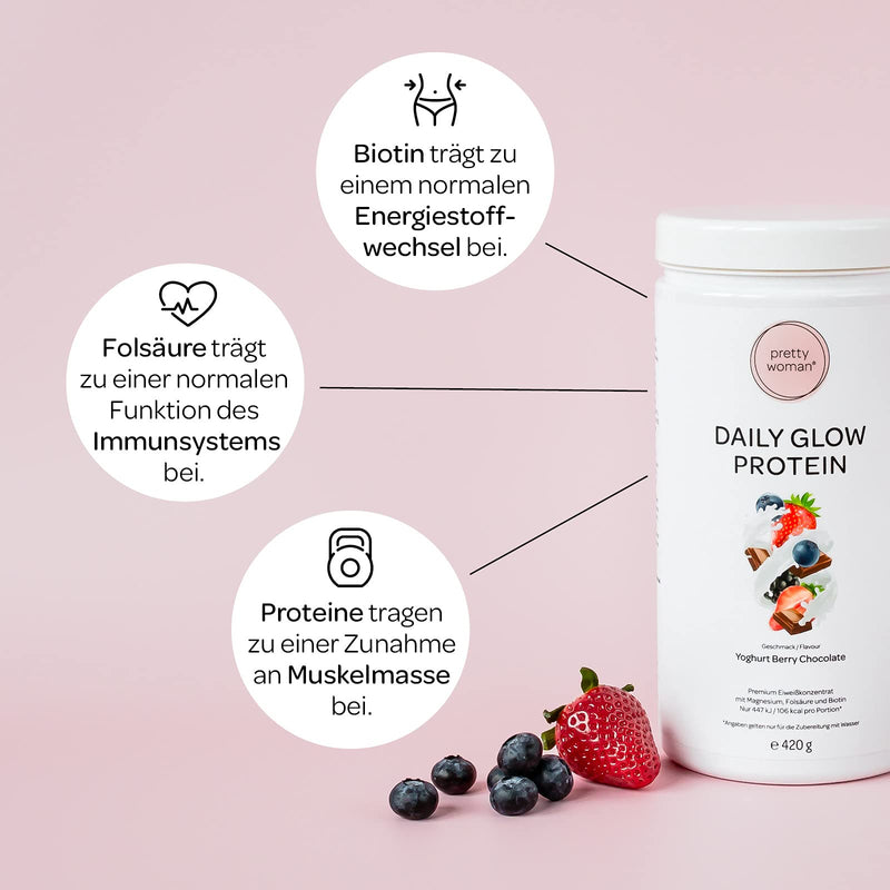 Pretty Woman Daily Glow Protein Powder For Women "Yoghurt Berry Chocolate" 420 G / Low Carb Shake With Vitamins & Minerals, Biotin & Folic Acid - Only 0.5 G Sugar Per Serving - NewNest Australia
