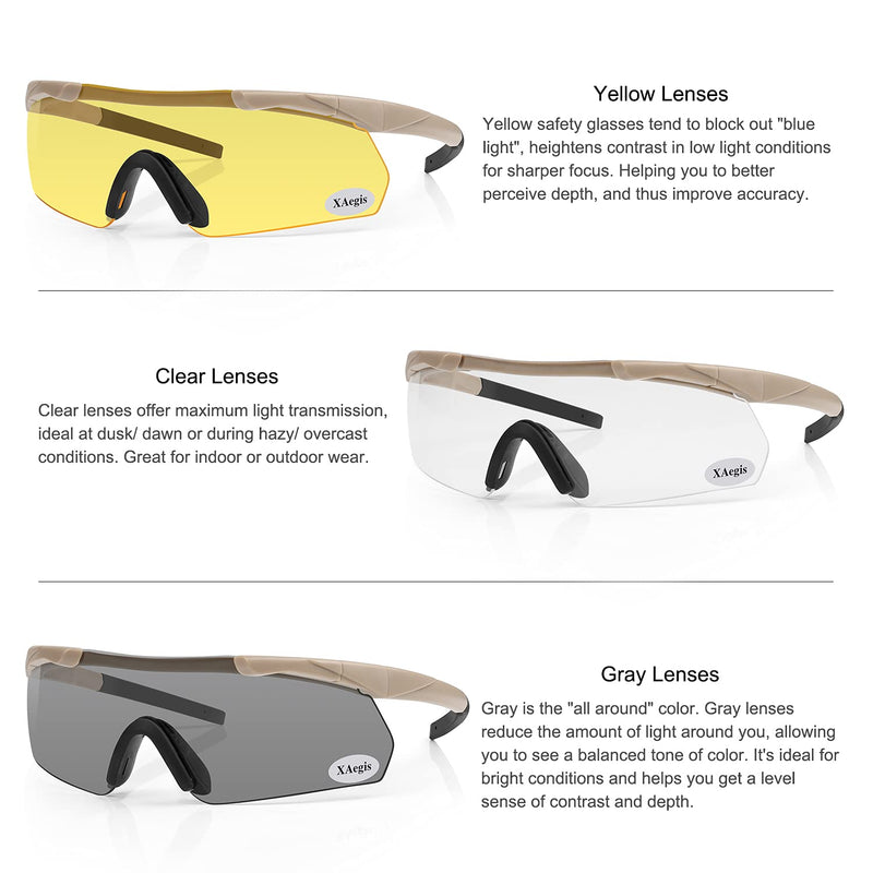 Xaegistac Tactical Shooting Glasses with 3 Interchangeable Lens High Impact Eye Protection Khaki - NewNest Australia