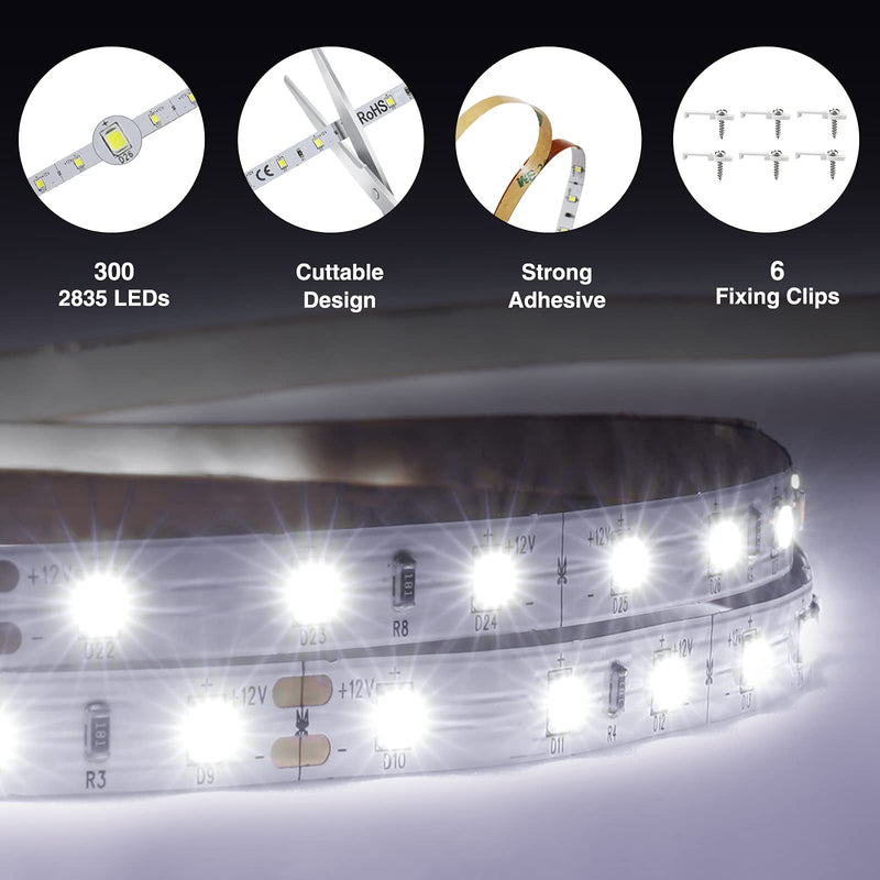 Onforu White LED Strip Lights, 16.4ft Dimmable LED Light Strip, 6000K Bright Daylight White Tape Light, 5M 12V Ribbon Light, 300 LEDs Flexible Vanity Mirror Light for Under Cabinet, Bedroom, Kitchen - NewNest Australia