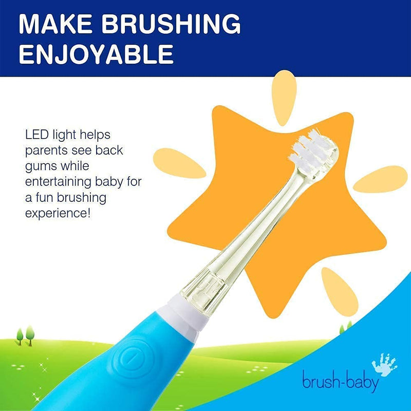 Brush Baby BabySonic Infant and Toddler Electric Toothbrush for Ages 0-3 Years - Smart LED Timer and Gentle Vibration Provide a Fun Brushing Experience - Includes 2 Sensitive Brush Heads (Blue) Blue - NewNest Australia