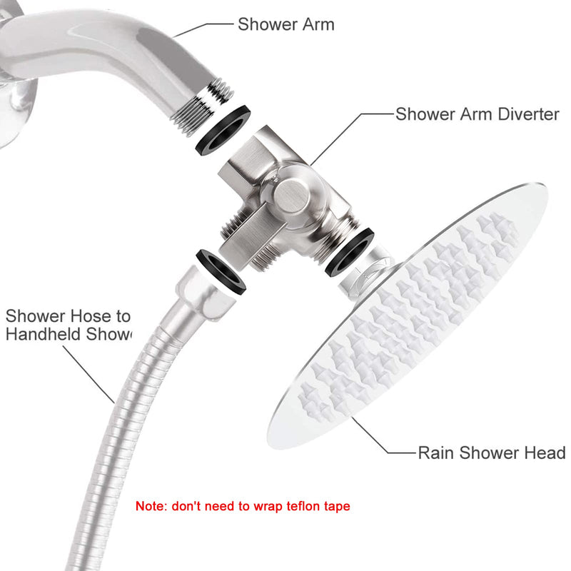 NearMoon Solid Brass G1/2" Shower Arm 2-Way Diverter Valve for Hand Shower and Fixed Spray Head T-Adapter (Brushed Nickel) Brushed Nickel - NewNest Australia