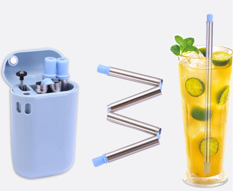 2 x His and Hers Collapsible Straw with Travel case (Stainless Steel) | Pink and Blue Foldable Straws | Reusable Environmentally Friendly Drinking Straw with Bonus Cleaning Brush | Portable Metal - NewNest Australia