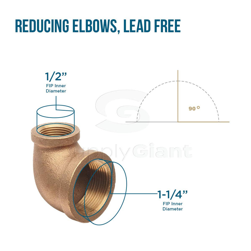 Supply Giant CSSM1141 1-1/4 in. x 1/2 in. Lead Free 90-Degree Reducing Elbow with Female Threaded Ends, Brass Construction, Higher Corrosion Resistance Economical & Easy to Install, 5 - NewNest Australia