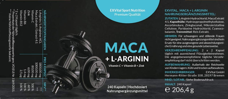 Exvital Maca Capsules 4000 Mg + L-Arginine 1800 Mg + Vitamins + Zinc, High Dosage, 2 Month Pack Of 240 Capsules In German Premium Quality, Money Back Guarantee, 1 Pack (1 X 206.4 G) - NewNest Australia