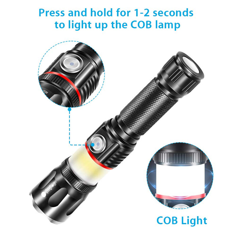 Rechargeable Flashlight, Magnetic Flashlight with 360 ° COB Work Light, Water Resistant, Zoomable, 4Modes, iToncs Portable Ultra Brightest LED Flashlights for Emergency Hiking Repairing (2 Pack) 2packs - NewNest Australia