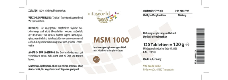 Vita World MSM 1000 mg 120 tablets pharmacist-made vegan - NewNest Australia