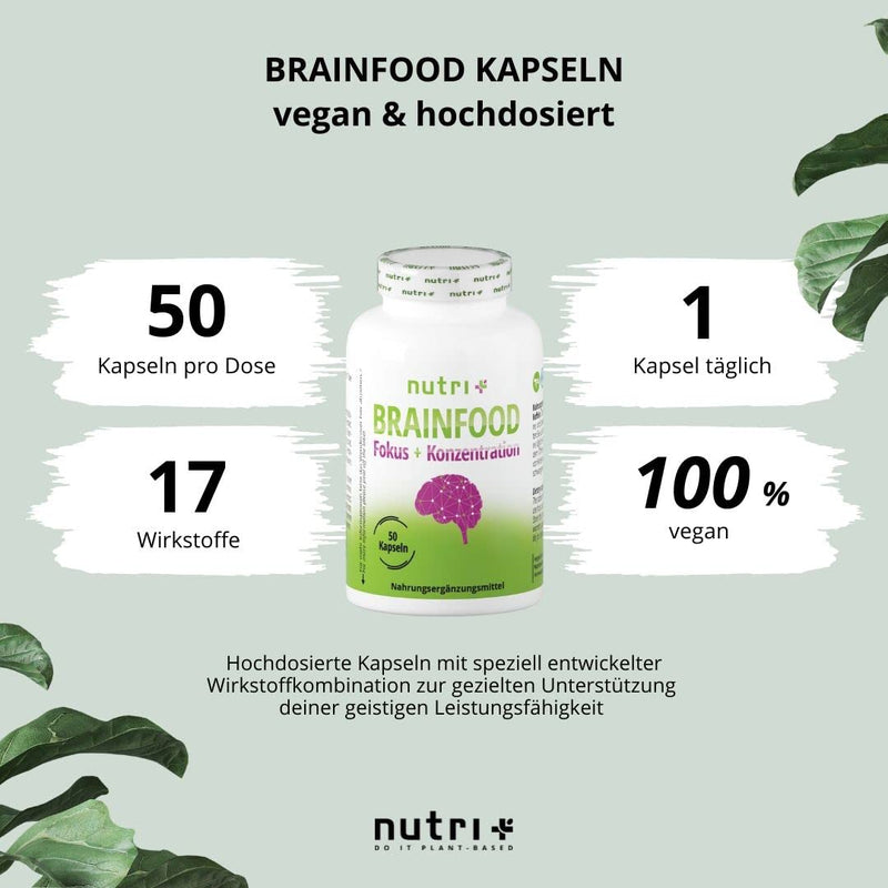 Concentration Tablets - Brain Booster - Brain Focus Performance Memory - Learning Aid Capsules High Dose - Supplement With Caffeine, Choline, Ginseng - Nutri-Plus Brainfood Vegan - NewNest Australia