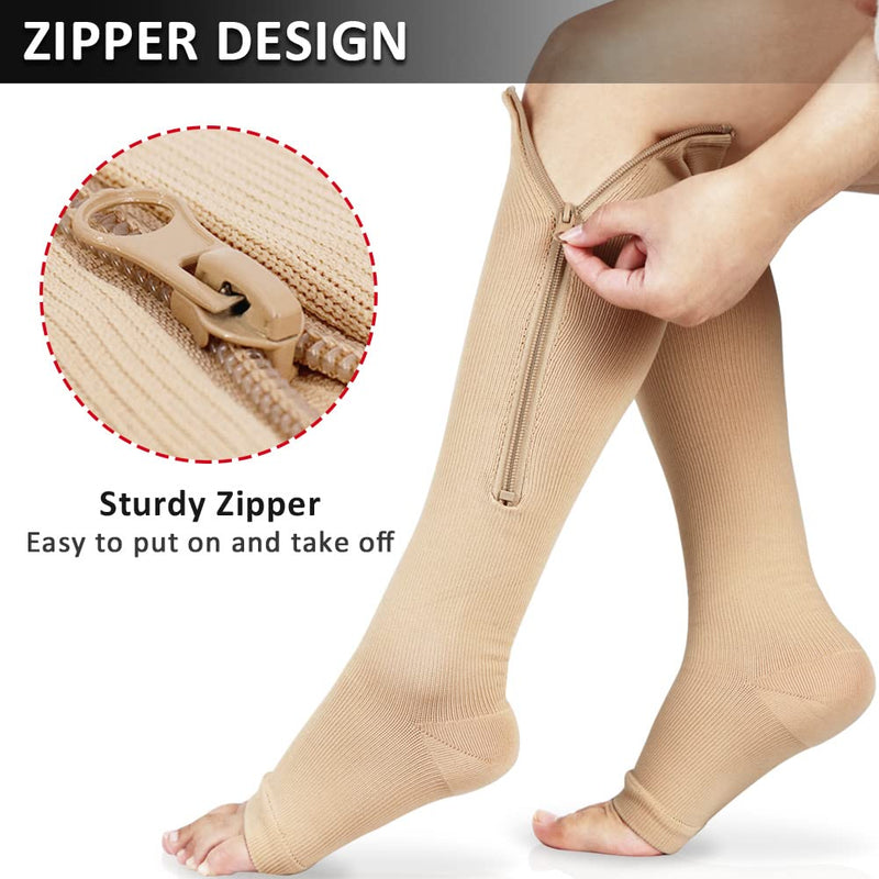 Ailaka Zipper 15-20 mmHg Compression Socks for Women Men, Knee High Open Toe Support Graduated Medical Varicose Veins Hosiery for Edema, Swollen, Pregnancy, Recovery (1 Pair) S/M Beige - NewNest Australia