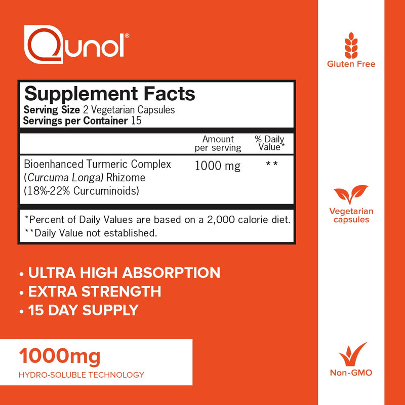 Turmeric Curcumin Capsules, Qunol 1000mg Extra Strength Supplement, Patented Hydro-Soluble Technology, Alternative to Turmeric Curcumin with Black Pepper, 30 Veggie Capsules 30 Count (Pack of 1) - NewNest Australia