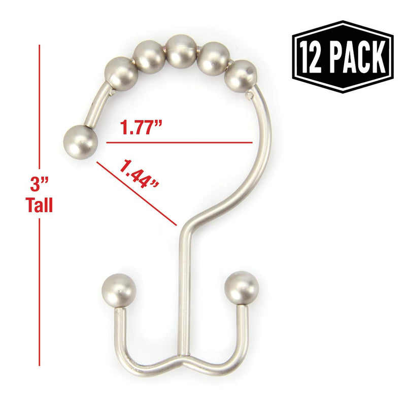 2lbDepot Double Shower Curtain Hooks Rings (Brushed Nickel, Satin Decorative Finish) Premium Rust Resistant Stainless Steel Metal Hook, Roller Balls Glide on Shower Rods, Set of 12 Brushed Nickel - NewNest Australia