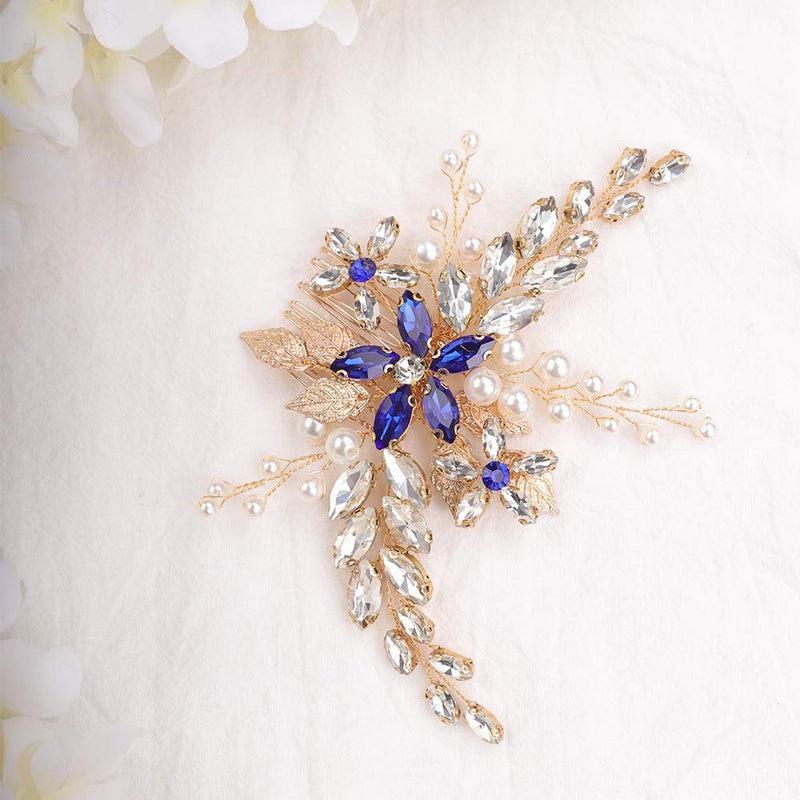 Anglacesmade Bridal Sapphire Crystal Hair Comb Pearl Blue Crystal Leaf Marquise Hair Piece Prom Party Festival Wedding Hair Accessories for Women and Girls (Gold) Gold - NewNest Australia