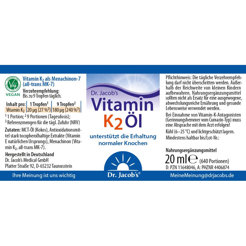Dr. Jacob's Vitamin K2 oil drops 20 ml (vegan, K2 as all-trans MK-7) - NewNest Australia