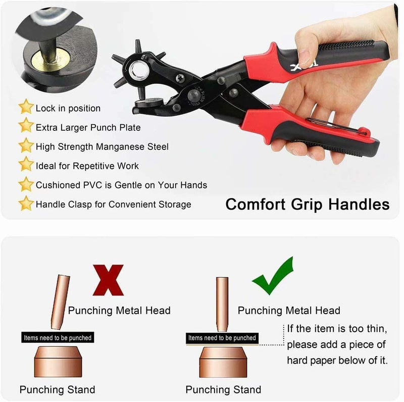 Revolving Punch Plier Kit, XOOL Leather Hole Punch Set for Belts, Watch Bands, Straps, Dog Collars, Saddles, Shoes, Fabric, DIY Home or Craft Projects, Heavy Duty Rotary Puncher, Multi Hole Sizes Make Hole Puncher - NewNest Australia