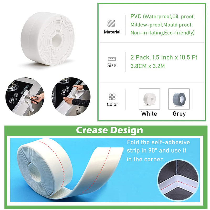 2 Pack Caulk Strip, 1.5" x 10.5Ft PVC Self Adhesive Caulk Tape, Sealing Waterproof Silicone Tape for Bathroom Bathtub Kitchen Toilet Wall Windows 2 Pack, Grey - NewNest Australia