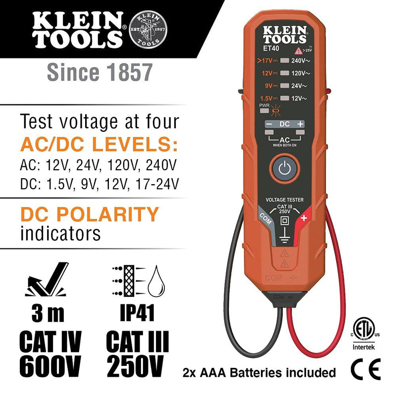 Klein Tools ET40 Voltage Tester, AC Voltage, DC Voltage, and DC Polarity, Low Voltage Tester Includes Batteries 12/240 V - NewNest Australia