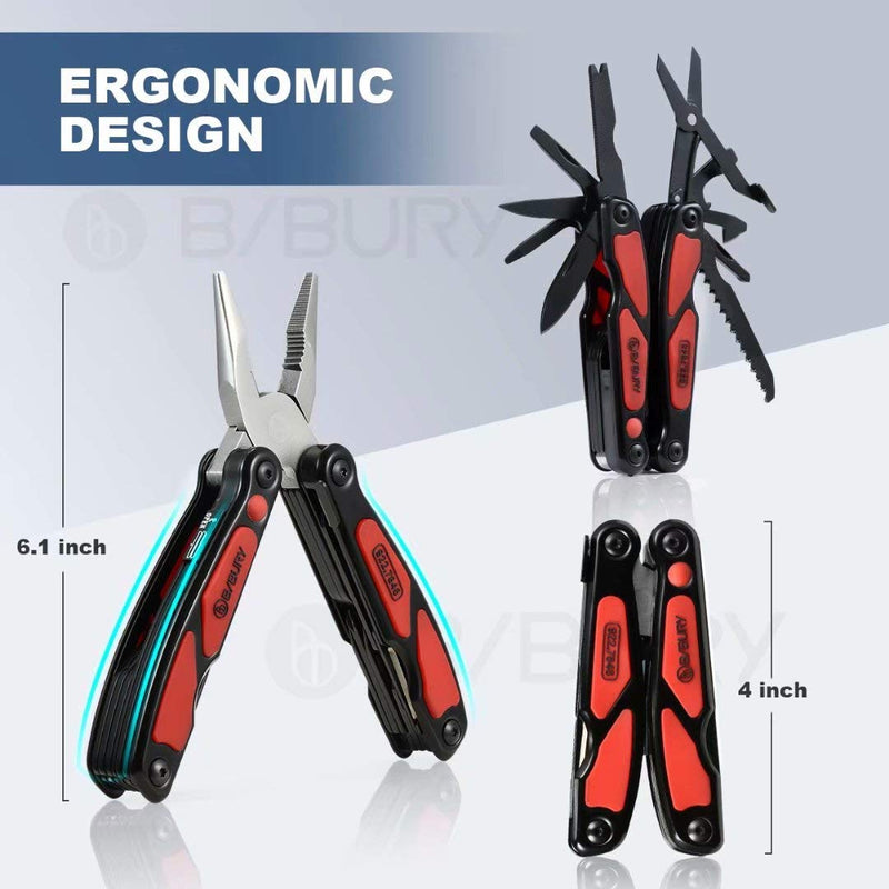 Multitool Pliers, BIBURY 14 in 1 Multi-Tool with Flashlight, Scissors and Knife, 420 Stainless Steel Pocket Multitfunctional Tool for Camping, Survival and Outdoor Activities, Gifts for Men Dad Red - NewNest Australia