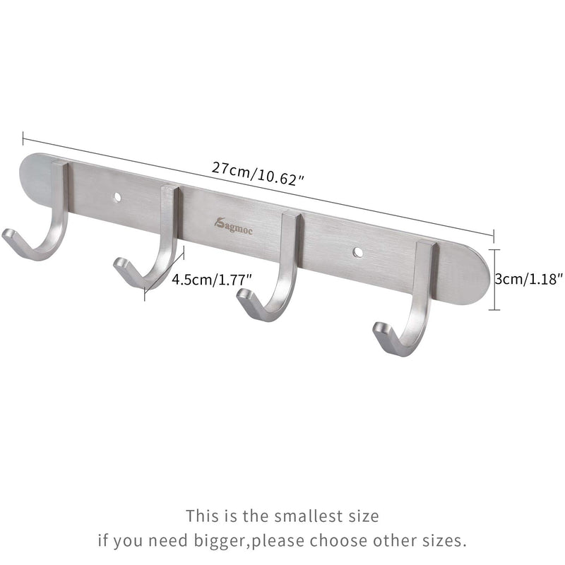 NewNest Australia - Coat Hook Rack Brushed Nickel - Sagmoc 11-Inch Coat&Towel Hook Rail Wall Mounted with 4 Hooks, Durable Wall Hangers for Bedroom, Bathroom, Foyer, Hallway (SUS304 Stainless Steel) 