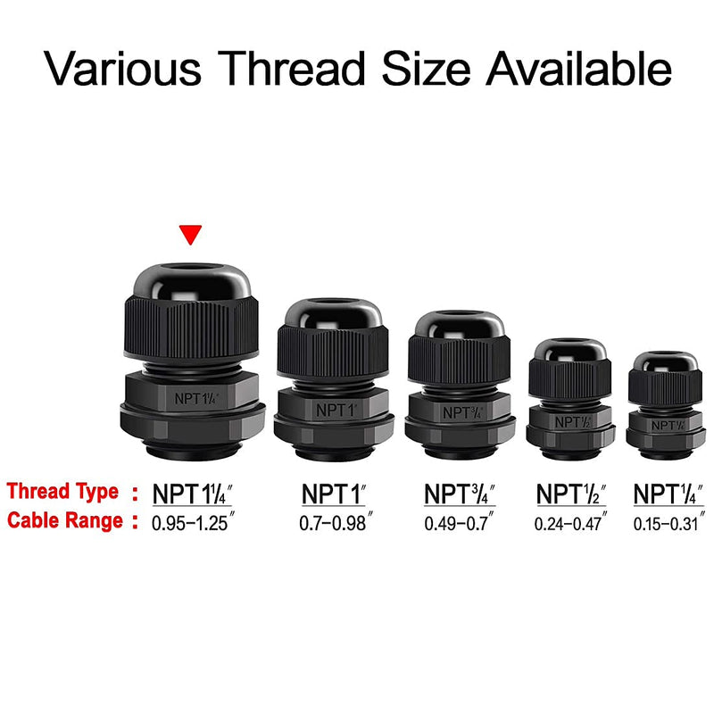 LeMotech 5 Pack NPT 1-1/4" Cable Glands Waterproof Adjustable 24-32mm Cable Connectors Black Nylon Joints with Gaskets 1-1/4inch 5-pack - NewNest Australia