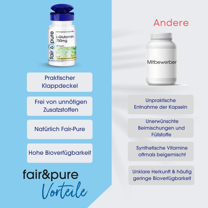 Fair & Pure® - L-Glutamine capsules 750mg - amino acid in free form - vegan - 180 capsules - NewNest Australia