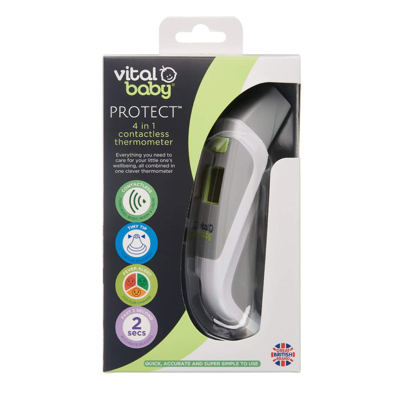 Vital Baby PROTECT 4 in 1 Contactless Thermometer - Different Modes Including Forehead, Ear, Room and Liquid - LCD Display - Colour Change Fever Alert - No Touch Temperature Checker Gun - NewNest Australia
