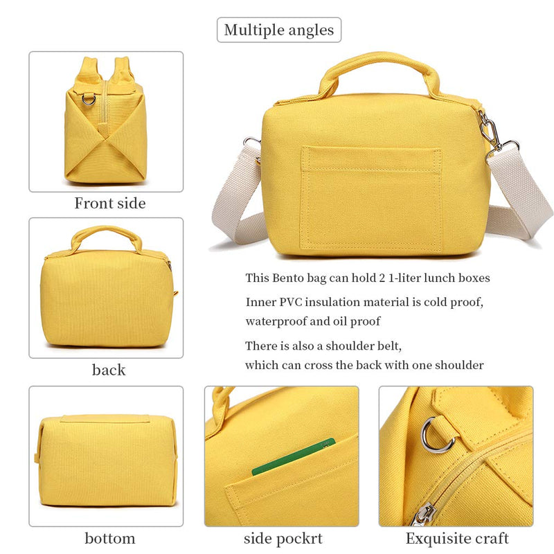 NewNest Australia - NOL Lunch Bags for Women Insulated Medium Cotton Canvas Cooler Leakproof Reusable Lunch Box for Teen Girls (Yellow) Yellow 