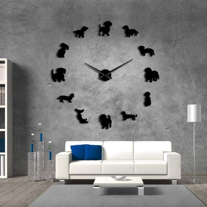 NewNest Australia - The Geeky Days DIY Dachshund Wall Art Wiener-Dog Puppy Dog Pet Frameless Giant Wall Clock with Mirror Effect Sausage Dog Large Clock Wall Watch(Black) Black 