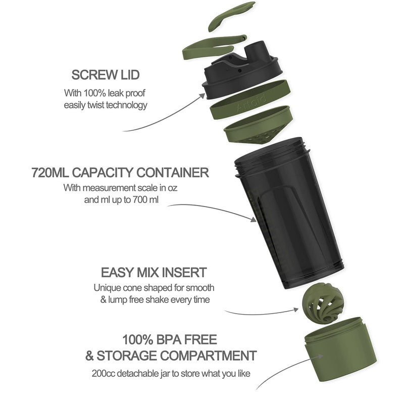 Artoid Inspirational Fitness Workout Sport Protein Shaker Bottle 680 ml, Dual Mixing Technology with Shaker Balls & Mixing Grids Included, Twist and Lock Protein Box Storage Included, Plastic Black/Green - NewNest Australia