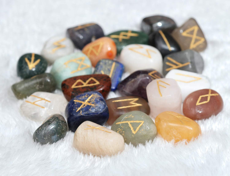Crocon Mix chakra Rune tumble shape gemstone rune with Elder Futhark Alphabet Engraved | 25 pcs runes set | Crystal Divination Healing Chakra Reiki | with a pouch| Size : 25-30 mm - NewNest Australia