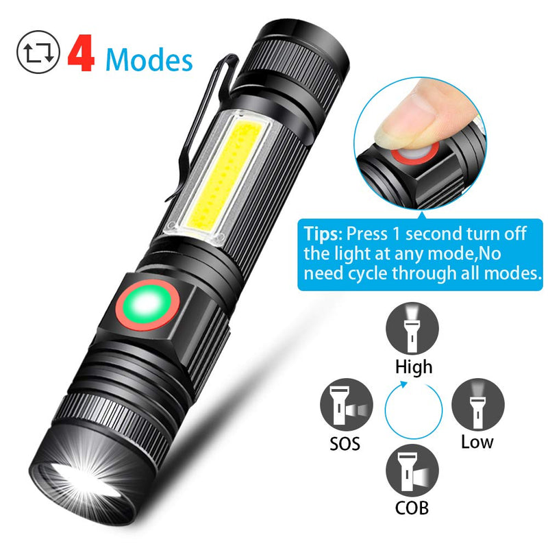 Hoxida USB Rechargeable Flashlight (Battery Included), Magnetic LED Flashlight, Super Bright LED Tactical Flashlight with Cob Sidelight, Waterproof, Zoomable Best Flashlight for Camping, Emergency 2pack Magnetic flashlight - NewNest Australia