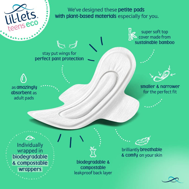 Lil-Lets Teens Eco Day Pads X 40 | Petite Towels for Girls & Teenagers | with Wings | Plant-Based Materials | Contains Sustainable Bamboo | Light to Medium Flow - NewNest Australia