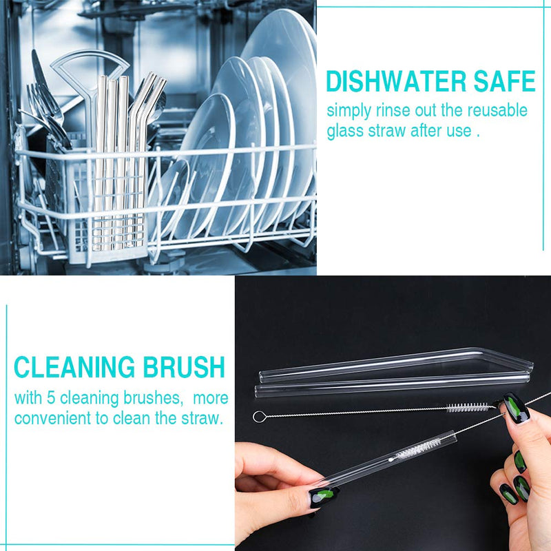 Glass Straws Reusable, 25 Pcs Transparent Drinking Straw, 10 Straight Glass Straws and 10 Curved Glass Straws with 5 Cleaning Brushes for Smoothies Milkshake and Cocktail Straws - NewNest Australia