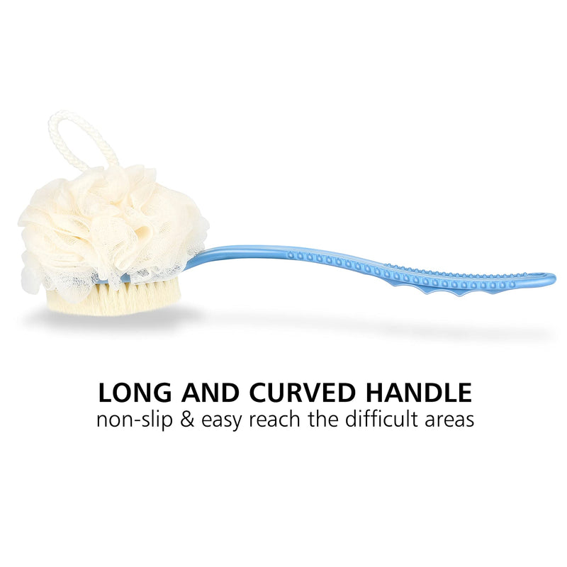 Shower Body Brush with Bristles and Loofah,Back Scrubber Bath Mesh Sponge with Curved Long Handle for Skin Exfoliating Bath, Massage Bristles Suitable for Wet or Dry, Men and Women (Blue) - NewNest Australia