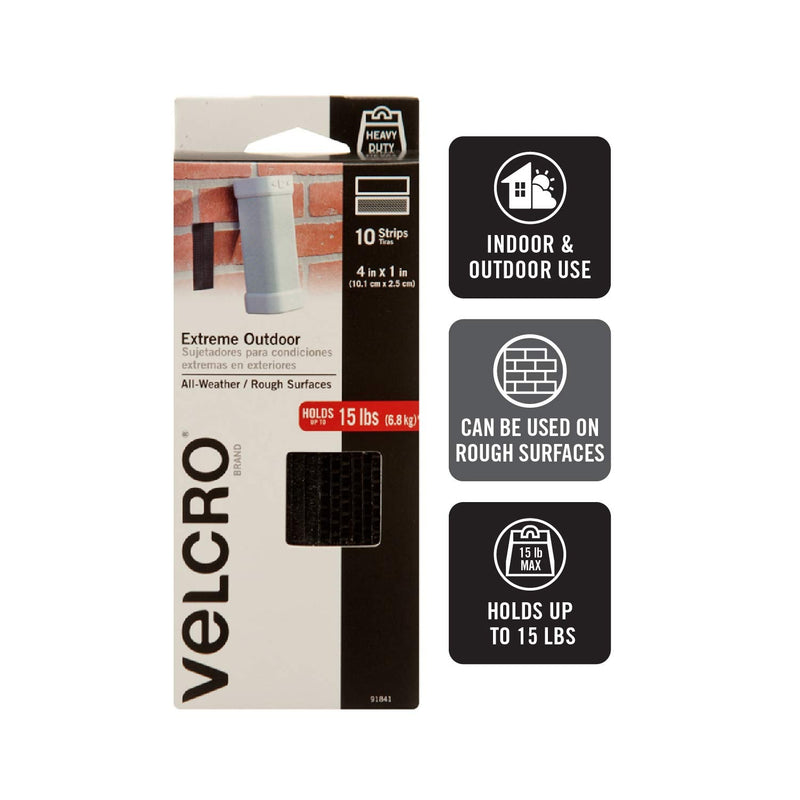 VELCRO Brand Outdoor Heavy Duty Strips | 4 x 1 Inch Pk of 10 | Holds 15 lbs | Black Extreme Hook and Loop Tape Industrial Strength Adhesive | Weather Resistance for Rough Surfaces (91841) 4in x 1in (10Pk) - NewNest Australia