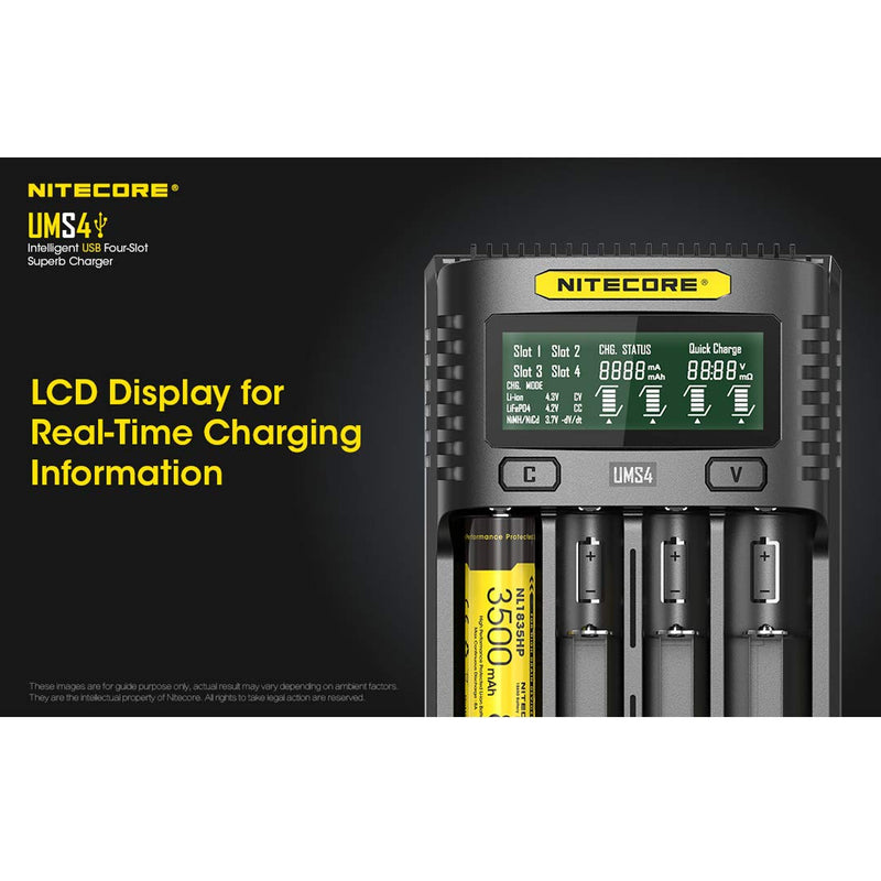 NITECORE UMS4 Intelligent USB Four Slot Quick Battery Charger for Li-Ion/Ni-MH/Ni-Cd/IMR 16340 14500 18650 21700 20700 AA AAA and More Batteries, with LumenTac Battery Organizer - NewNest Australia
