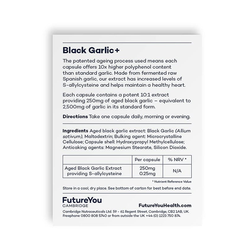 Black Garlic+ 250mg Odourless Vegan Suitable Supplement - High Strength Native Black Garlic (Allium sativum) Extract - 28 Day Supply - Developed by FutureYou Cambridge, UK - NewNest Australia