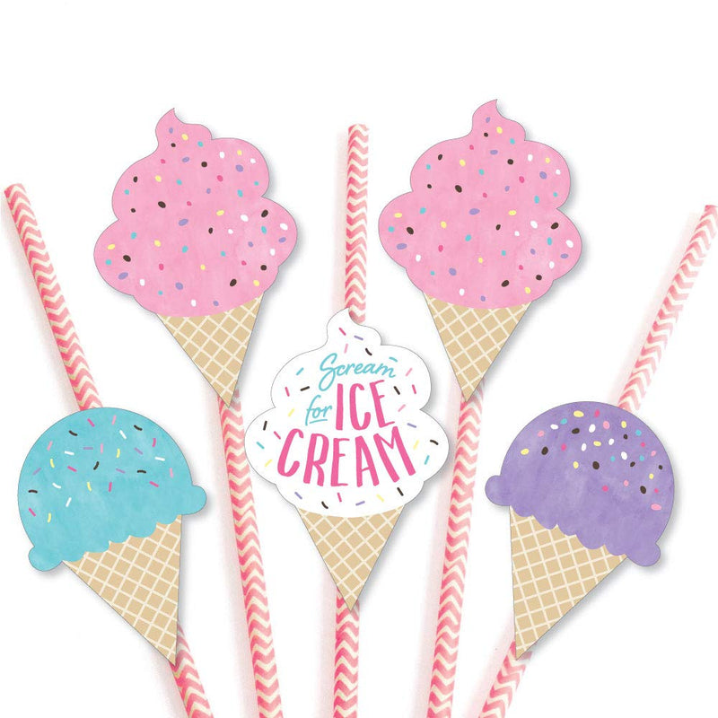 NewNest Australia - Big Dot of Happiness Scoop Up the Fun - Ice Cream - Paper Straw Decor - Sprinkles Party Striped Decorative Straws - Set of 24 
