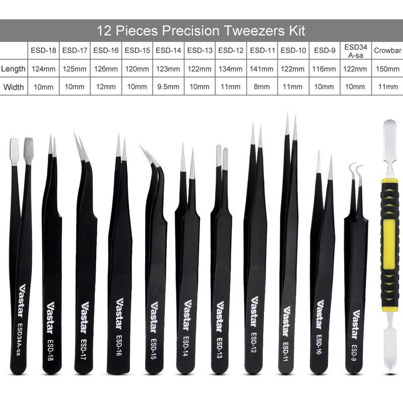 Vastar Tweezers - 12 Pieces Precision Tweezers Set, Anti-static ESD Tweezers Kit with 11 Precision Non-magnetic Stainless Steel Tweezers in Canvas Bag - NewNest Australia