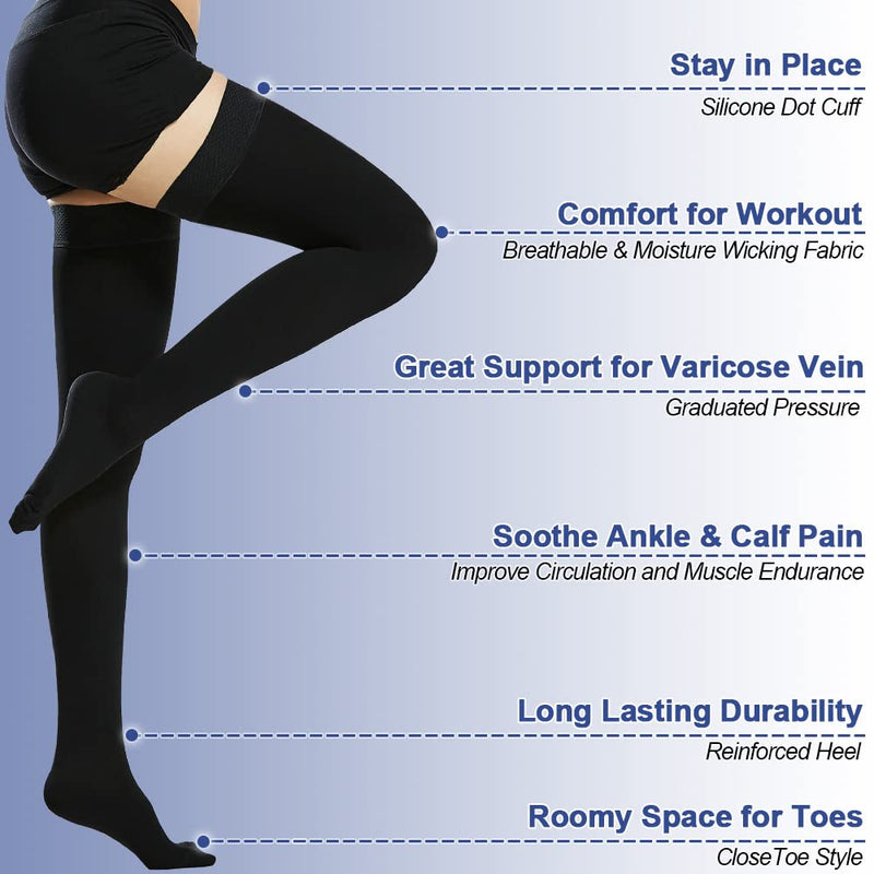 Beister Medical Closed Toe Thigh High Compression Stockings with Silicone Band for Women & Men, Firm 20-30 mmHg Graduated Support for Varicose Veins, Edema, Flight （1 Pair） Black XXL - NewNest Australia