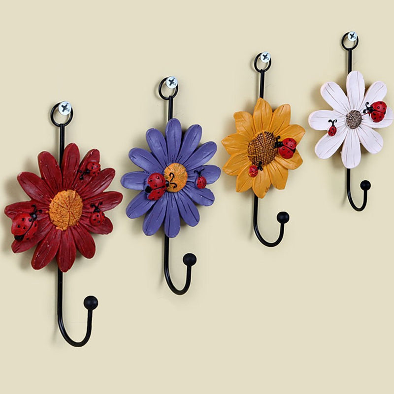 NewNest Australia - Creative Daisy Resin Wall Hooks Wall Mounted Art Flower Iron Hook Hand-painted Hanging Coat / Hat /Key/ Towel Hooks Home Decoration(Set of 4) 