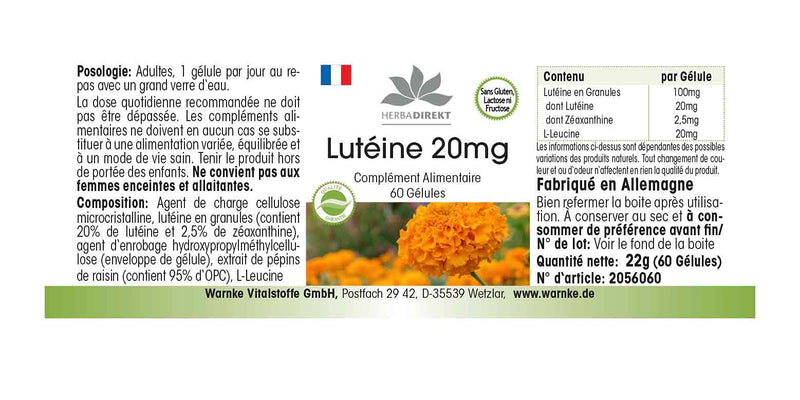 Lutein 20mg - microencapsulated - 60 capsules - vegan | HERBADIREKT by Warnke vital substances - NewNest Australia