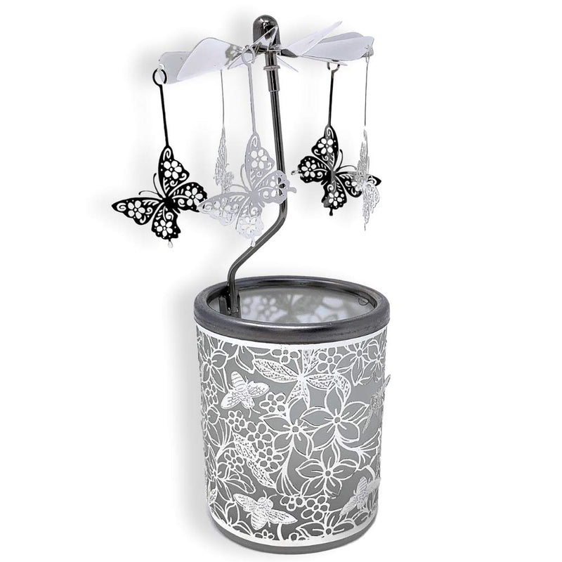 NewNest Australia - Butterfly Candle Holder - Silver Metal Rotating Spinning Butterflies with Flowers and Bees - Spinner Scandinavian Designs - 6 ¼ Inch Tall 