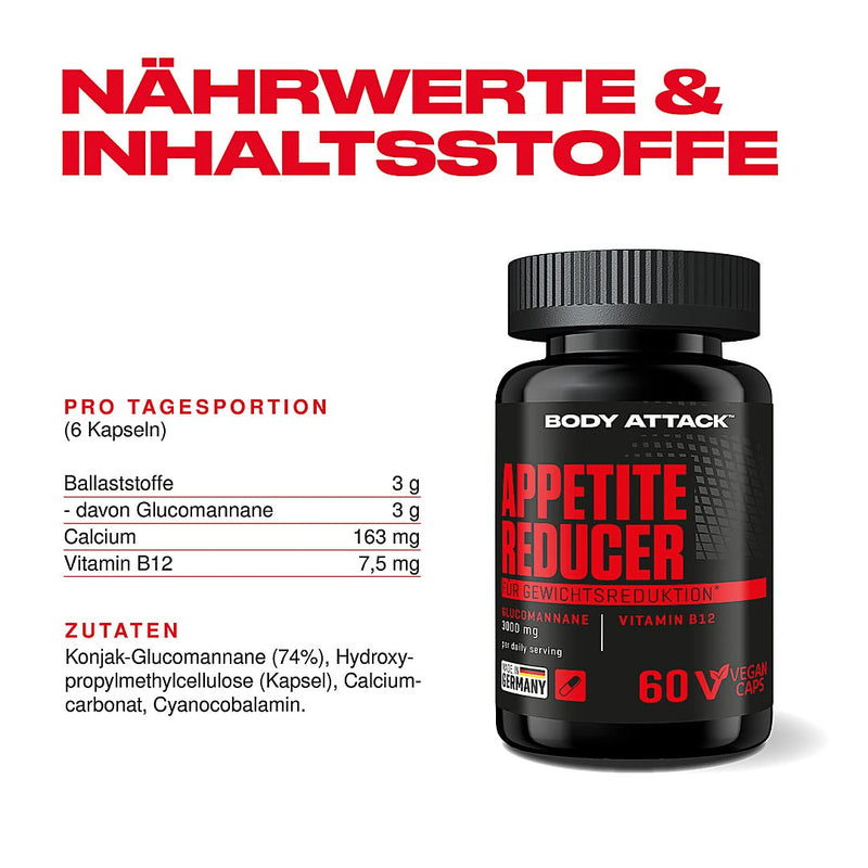Body Attack Appetite Reducer Men, 60 Capsules / 10 Servings, With Vitamin B-12, Vegetable Fiber For Maximum Saturation, Glucomannan From Konjac Roots, Diet Support, Vegan, Made In Germany - NewNest Australia