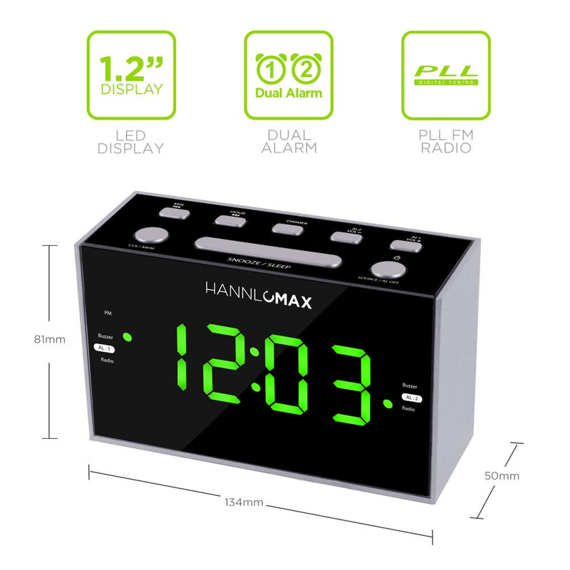 NewNest Australia - HANNLOMAX HX-122CR Alarm Clock Radio, PLL FM Radio, Green LED 1.2 Inches Display, USB Port for 1A Charging, Dimmer Function 