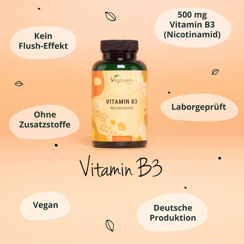 Vitamin B3 Niacin | High dose: 500 mg nicotinamide | 180 capsules - 6 month supply | Skin - Nerves - Energy* | Flushfree| Laboratory tested | Vegan - No additives | German production of Vegavero® - NewNest Australia