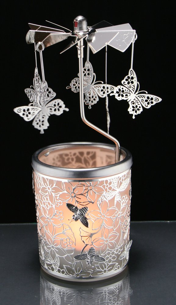 NewNest Australia - Butterfly Candle Holder - Silver Metal Rotating Spinning Butterflies with Flowers and Bees - Spinner Scandinavian Designs - 6 ¼ Inch Tall 