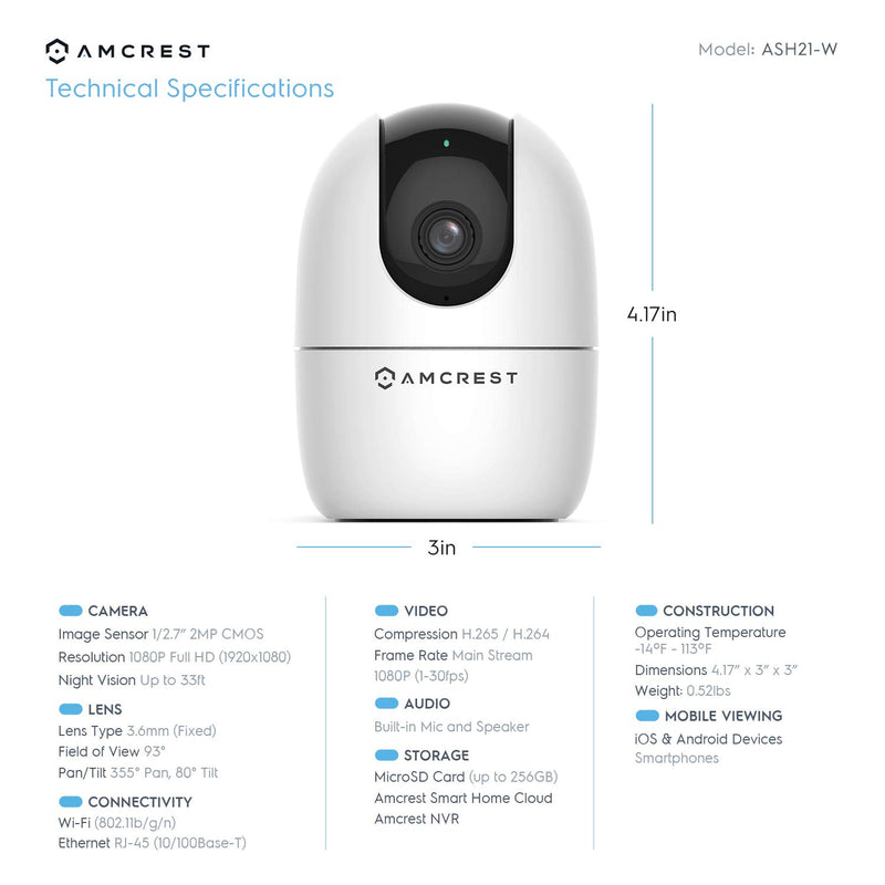 Amcrest 1080P WiFi Camera Indoor, Nanny Cam, Dog Camera, Sound & Baby Monitor, Human & Pet Detection, Motion-Tracking, w/ 2-Way Audio, Phone App, Pan/Tilt Wireless IP Camera, Night Vision, Smart Home ASH21-W (White) - NewNest Australia