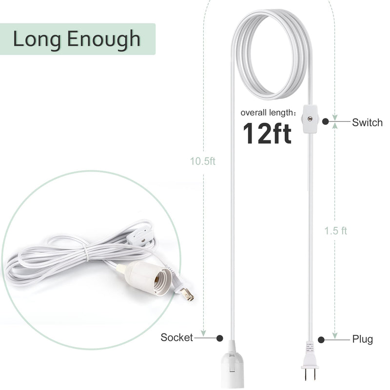 JACKYLED Extension Hanging Lantern Cord Cable UL 1-Pack 12Ft 360W with E26 E27 Socket Gear Switch + Hooks + 2-Prong US AC Power Plugs Pendant Lighting Bulb Lamp for Kitchen Bedroom Bathroom 1 pack - NewNest Australia