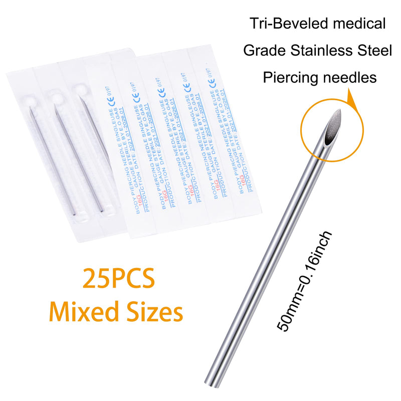 25PCS Mixed Body Piercing Needles, 12G 14G 16G 18G 20G Disposable Sterile Stainless Steel Piercing Needles for Ear Nose Navel Belly Nipple Tongue Lip Smiley Piercing 1-25pcs-mixed sizes(each 5pcs) - NewNest Australia