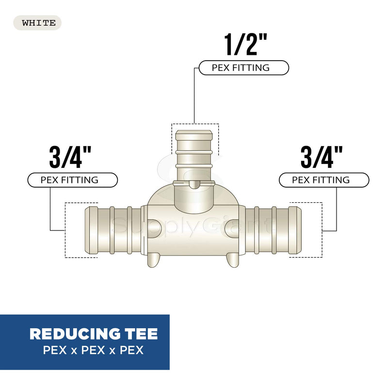 Supply Giant QQSU3431-5 Plastic PEX Poly Alloy Reducing Tee Barb Pipe Fitting, 3/4'' x 3/4'' x 1/2'', White, 5 Pack 3/4'' x 3/4'' x 1/2'' - NewNest Australia